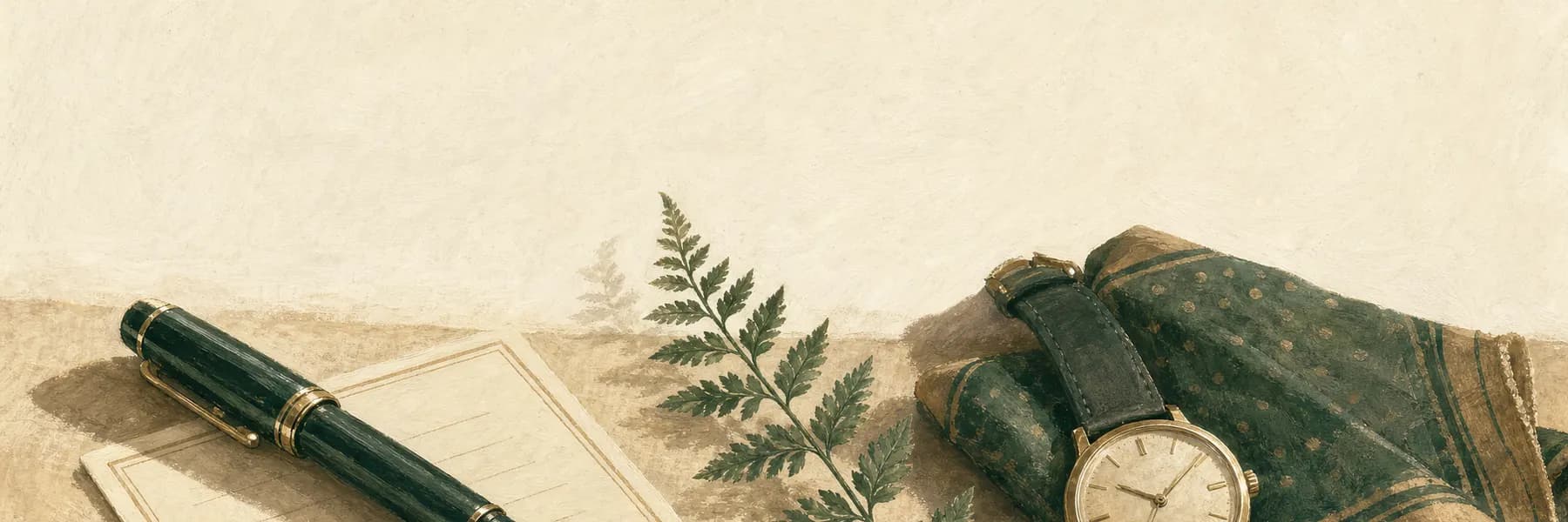 Painted banner of a fountain pen on a vow card, a watch, a pocket square, and a fern sprig on linen