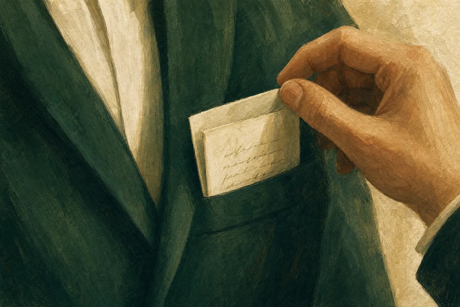 A painted close-up of a groom placing a folded vow card in the pocket of his deep green jacket.
