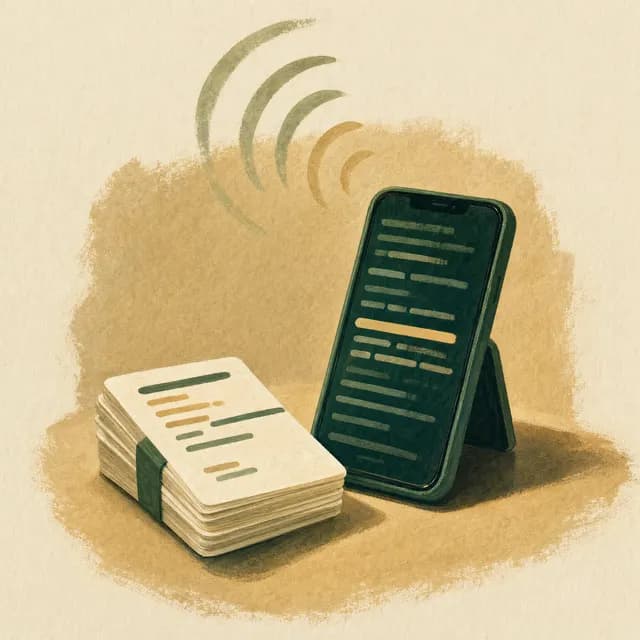 Illustration of a phone showing teleprompter lines beside a stack of flashcards